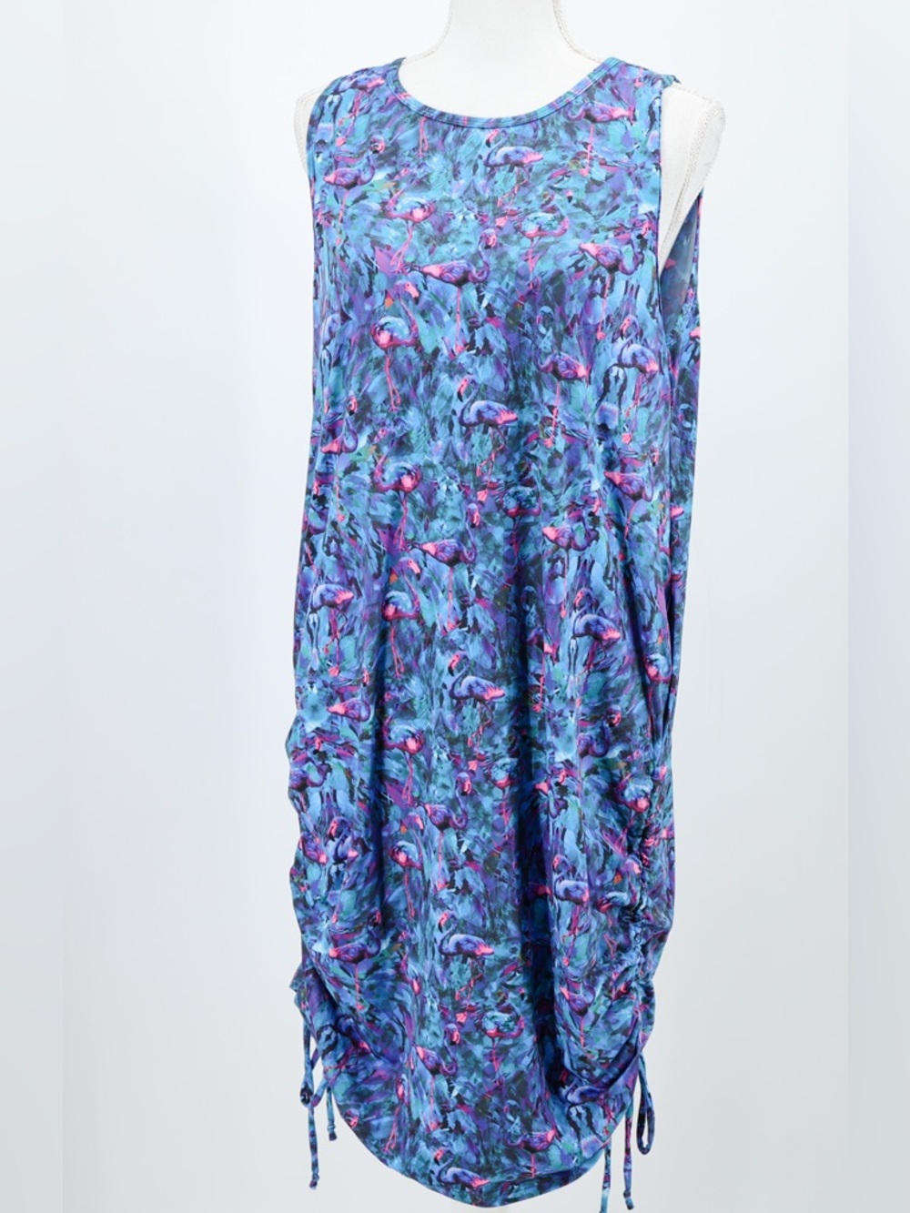 CVG Flamingo Ruched‎ Midi Dress Sleeveless Stretch Pockets Blue Pink M/L